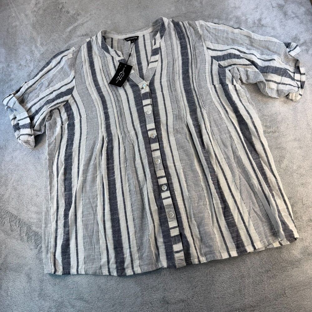 Club Z Collection 3X NWT Striped Gauze Button Front Blouse Roll Tab Sleeve